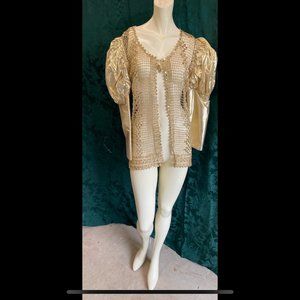 Gold Lamé Jacket Retro Puffy Sleeve and Macramé